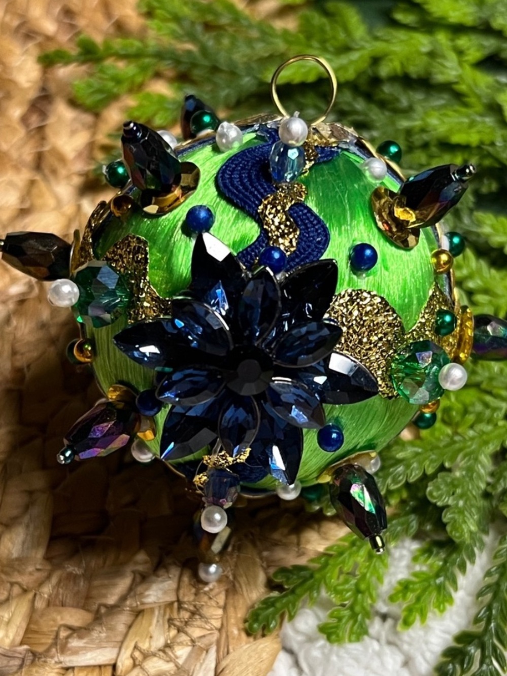 Navy & Green Beads Sequins Push Pin Satin Thread Ball Christmas Ornament Vintage